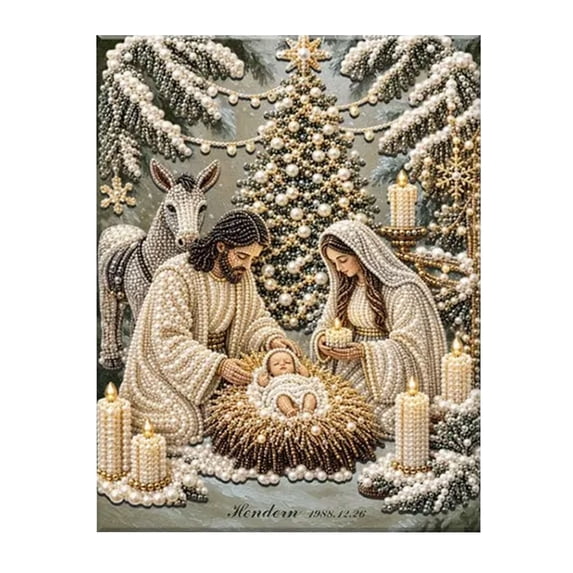5D Christmas Nativity Scene Pearl Art DIY Kit Framed Adult Rhinestone Painting for Home Wall Decor C