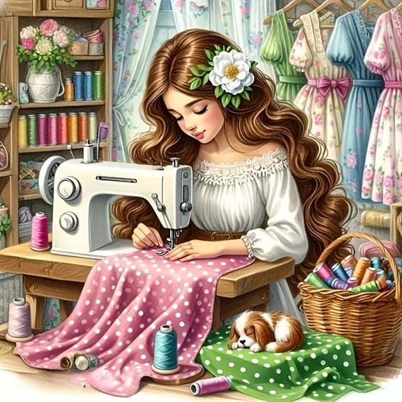 5D DIY Artificial Full Diamond Painting Set - Adult Beginner, of Girls on A Frameless Sewing Machine for Home Wall Decor & Gift - Perfect for Art Lovers & Adults