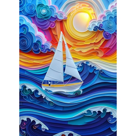 5D DIY Diamond Art 3D Paper Cut Sailboat Sunset Sea DIY Paint with Full Drill Round Diamond Gems Painting by Number Kits for Adults Art Craft Home Wall Decor 15.8x19.8in