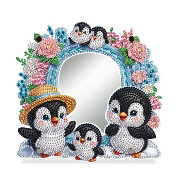 5D DIY Diamond Art Painting Mirror Kit, Cheerful Penguin Adult Diamond Art Makeup Mirror, Special Shape Crystal Rhinestone Acrylic Plate Craftsmanship, Can be used for Wall Table Decoration Gift