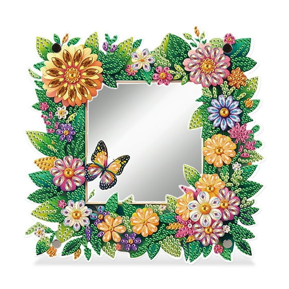 5D DIY Diamond Art Painting Mirror Kit, Flower Butterfly Adult Diamond Art Makeup Mirror, Special Shape Crystal Rhinestone Acrylic Plate Craftsmanship, Can be used for Wall Table Decoration Gift