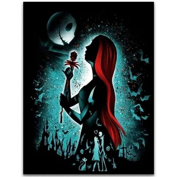 5D DIY Diamond Art Painting by Number Kits Halloween Jack and Sally  for Adults and Kids, Round Full Drill Rhinestone Cross Stitch Mosaic Art for Home Wall Decoration and Gift Option
