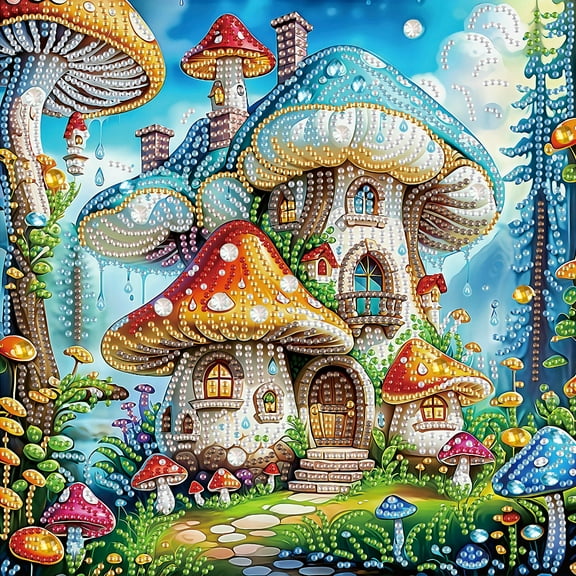 5D DIY Diamond Art painting kit, Mushroom House special shape diamond canvas, can be used for relaxation and home wall decoration