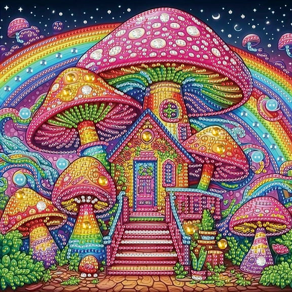 5D DIY Diamond Art painting kit, Rainbow Mushroom House special shape diamond canvas, can be used for relaxation and home wall decoration