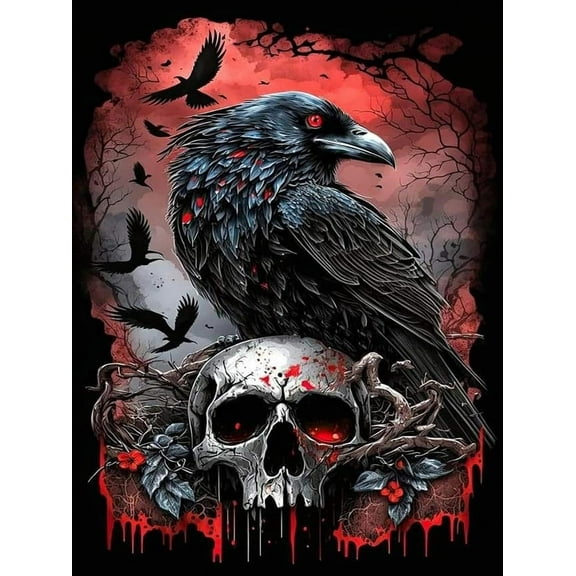 5D DIY Diamond Painting Kit (Adults) - "Halloween, Crow, Skeleton" Beginner Diamond Art Kit, Full Circle Diamond Crafts, Home Wall Decoration Gift