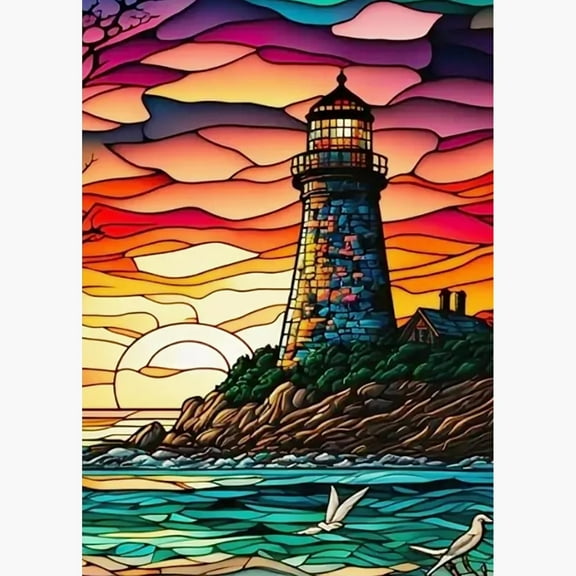 5D DIY Diamond Painting Kit (Adults) - "Lighthouse Stained Glass Art" Beginner Diamond Art Kit, Full Circle Diamond Crafts, Home Wall Decor Gift