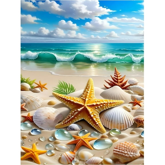 5D DIY Diamond Painting Kit "Beach" Round Diamond Art Crafts for Adults, Suitable for Wall Decoration, Bedroom and Home Decoration