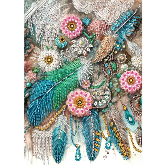 5D DIY Diamond Painting Kit, Chrysanthemum Feather Pattern Home Decor Handicraft, Complete Tool Kit Included, 11.8x15.7in