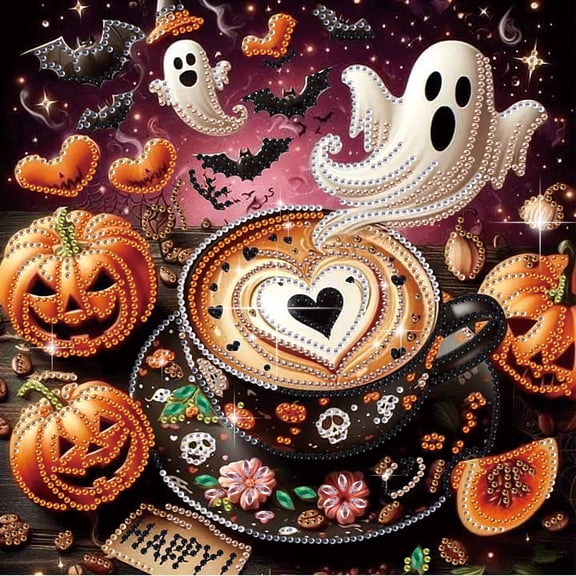 5D DIY Diamond Painting Kit Halloween Coffee Theme Unique Diamond Shapes Handcrafted Artwork for Beginners and Adults Perfect for Home Wall Decor and Holiday Gifts