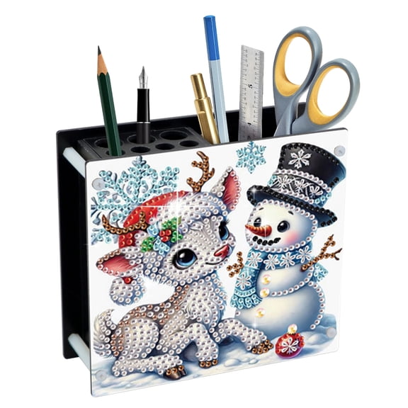 5D DIY Diamond Painting Pencil Holder Kit Christmas Snowman and Reindeer Theme Unique Shaped Design Artistic Home Decor and Gift Selection