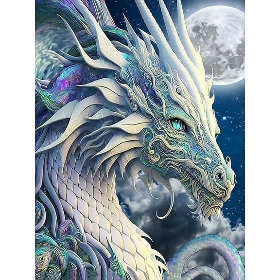5D DIY Diamond Painting Set (Adults) - "Dragon, Moon" Beginner Diamond Art Set, Full Circle Diamond Crafts, Home Wall Decor Gift