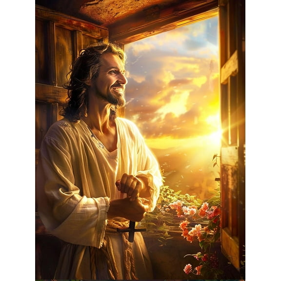 5D DIY Diamond Painting Set (Adults) - "Religion, Jesus by the Window at Sunrise" Beginner Diamond Art Set, Full Circle Diamond Crafts, Home Wall Decor Gift