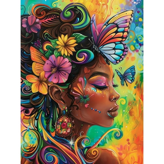 5D DIY Diamond Painting Set "African Women, Butterfly Flowers" Round Diamond Art Crafts for Adults, Suitable for Wall Decoration, Bedroom and Home Decoration