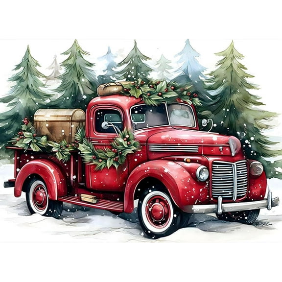 5D DIY Diamond Painting Set "Christmas, Red Truck" Round Diamond Art Crafts for Adults, Suitable for Wall Decoration, Bedroom and Home Decoration