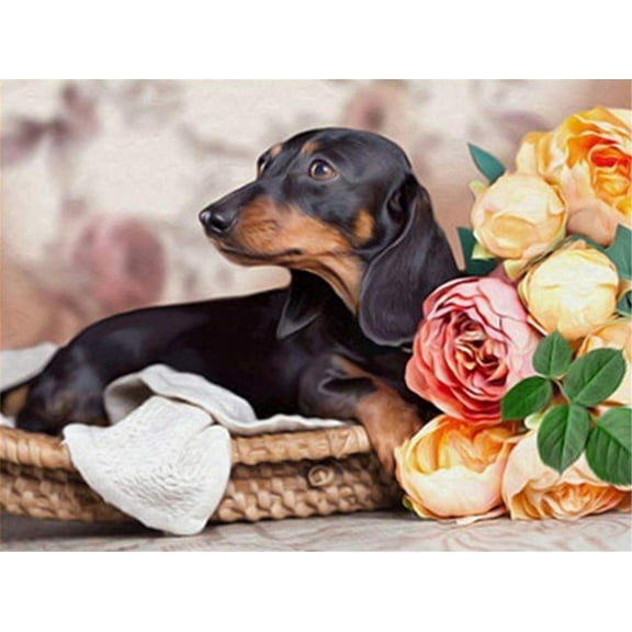 5D DIY Diamond Painting Set "Dachshund and Flowers" Round Diamond Art Crafts for Adults, Suitable for Wall Decoration, Bedroom and Home Decoration