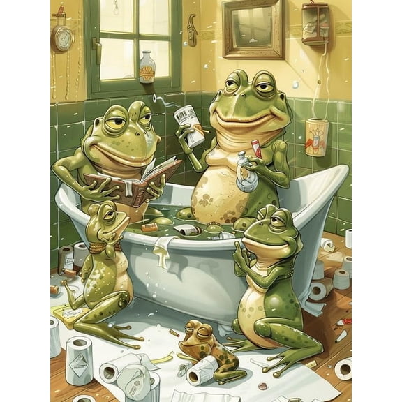 5D DIY Diamond Painting Set "Frog in the Bathtub, Animals" Round Diamond Art Crafts for Adults, Suitable for Wall Decoration, Bedroom and Home Decoration