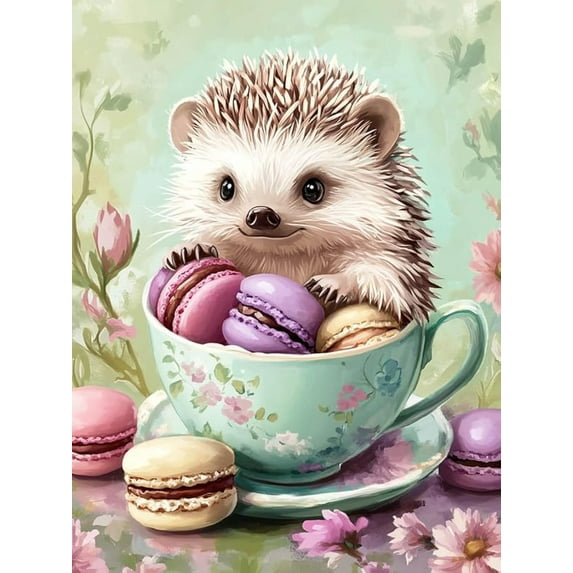 5D DIY Diamond Painting Set "Hedgehog Cup, Cookies, Animals" Round Diamond Art Crafts for Adults, Suitable for Wall Decoration, Bedroom and Home Decoration