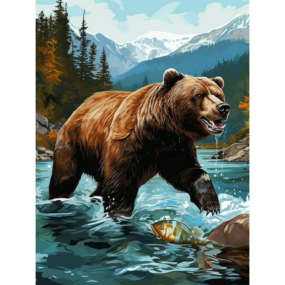 5D DIY Diamond Painting Set "Riverside Black Bear, Animals" Round Diamond Art Crafts for Adults, Suitable for Wall Decoration, Bedroom and Home Decoration