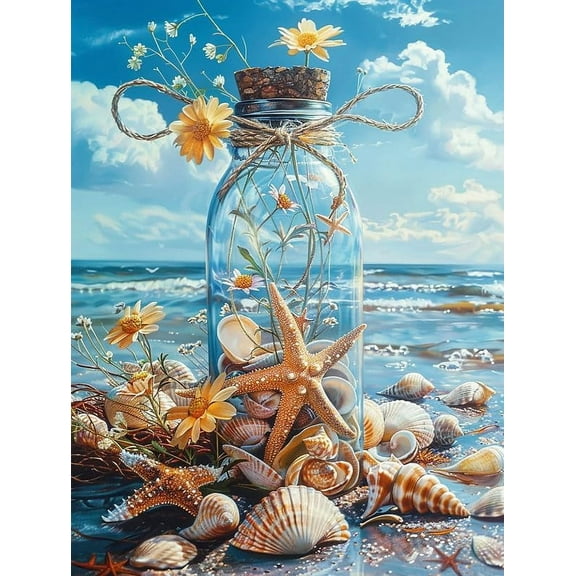 5D DIY Diamond Painting Set "Shells, Art Bottles on the Beach" Round Diamond Art Crafts for Adults, Suitable for Wall Decoration, Bedroom and Home Decoration