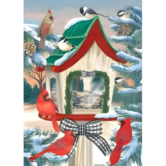 5D DIY Diamond Painting Set "Winter Cardinal, Christmas Bird, Farmhouse Trees Snow Scene" Round Diamond Art Crafts for Adults, Suitable for Wall Decoration, Bedroom and Home Decoration
