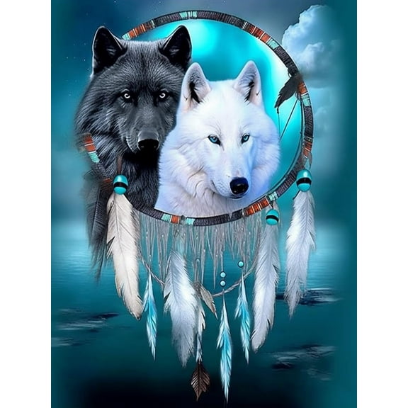 5D DIY Diamond Painting Set "Wolf Dream Catcher, Animals" Round Diamond Art Crafts for Adults, Suitable for Wall Decoration, Bedroom and Home Decoration
