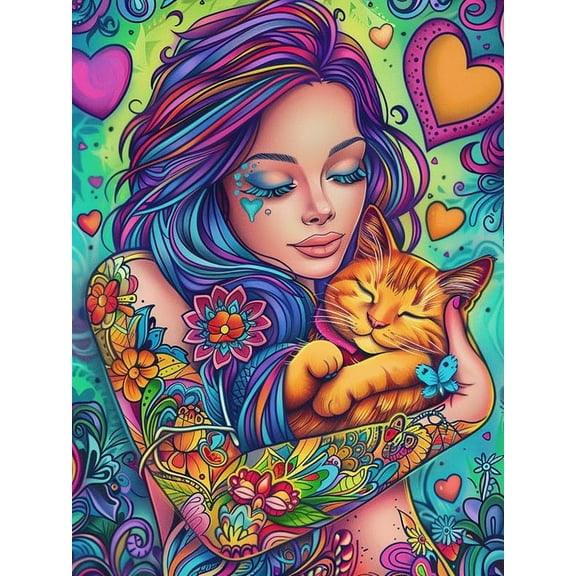 5D DIY Diamond Painting Set "Woman, Cat, Love" Round Diamond Art Crafts for Adults, Suitable for Wall Decoration, Bedroom and Home Decoration