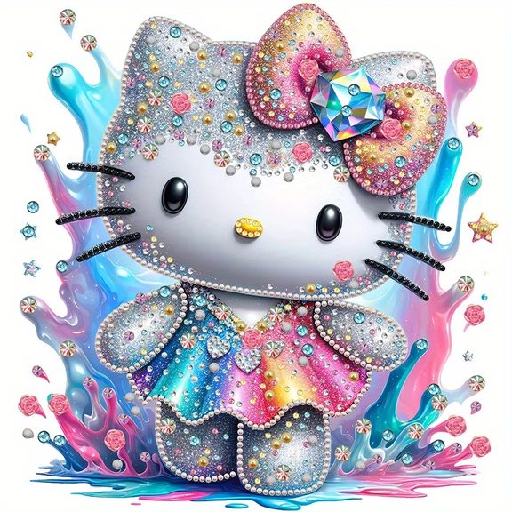 5D DIY Full Drill Diamond Painting Kit - Cute Cartoon Cat Kitty, Round Rhinestone Diamond Art for Adults & Beginners, 12"x12" Sparkling Gem Art for Home Wall Decor, Gift