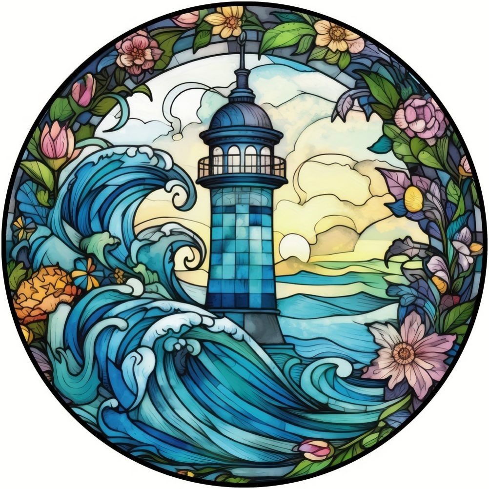 5D DIY Full Round Drill Diamond Painting Lighthouse Stained Glass Resin ...