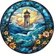 5D DIY Full Round Drill Diamond Painting Lighthouse Stained Glass Resin Rhinestone Mosaic Wall Art Kit Decoration Gifts(30*30cm)(11.81*11.81in)-F