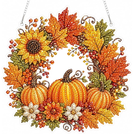 5D DIY Halloween Diamond Art Hanging Kit, 9.8" Acrylic Special Shaped Crystal Gem Painting with 17.7" Chain, Window & Wall Ornament for Beginners (Pumpkin)