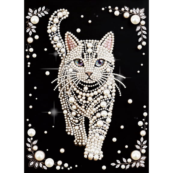 5D DIY Pearl Diamond Painting Kit, Bold Cat Circular Pearl Diamond Art Set Sparkling creative craftwork, ideal for home dcor and gift selection 15.7 x 11.8 in