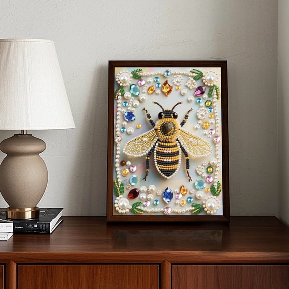 5D DIY Pearl Diamond Painting Kit, Happy Bee Special Coloured Pearl Diamond Art Sparkling Creative Handicrafts, Suitable for Home Decor and Gift Selection 15.7 x 11.8 in