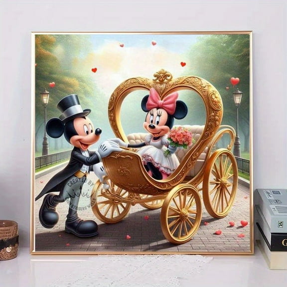 5D DIY Rhinestone Diamond Art Painting Kit, Cartoon Mickey And Minnie Proposal Love Heart Couple Embroidered Mosaic Art Picture, Room Home Decor Wall Decor12*12inch