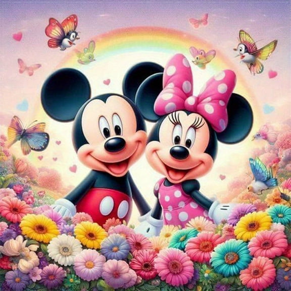 5D DIY Round Canvas Art Kit - Vibrant Cartoon Animals Mickey and Minnie, Flowers, Rainbow, Butterflies Design - Colorful Embroidered Mosaic Picture for Room Home Decor, Gift for Couples and Friends