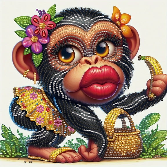 5D DIY diamond art painting kit, banana monkey special shape diamond canvas, that can relieve stress and relax and can be used for home wall decoration