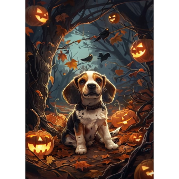 5D Diamond Art Cute Beagle Dog in Pumpkins Bat DIY Paint with Full Drill Round Diamond Gems Painting by Number Kits for Adults Art Craft Home Wall Decor 11.8x15.8in
