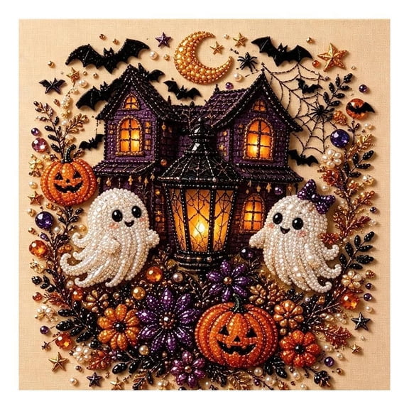 5D Diamond Art Kit, Halloween Pumpkin Castle Diamond Painting Kit with Faceted Resin Beads and Canvas, DIY Craft Decoration for Adults and Family Activities