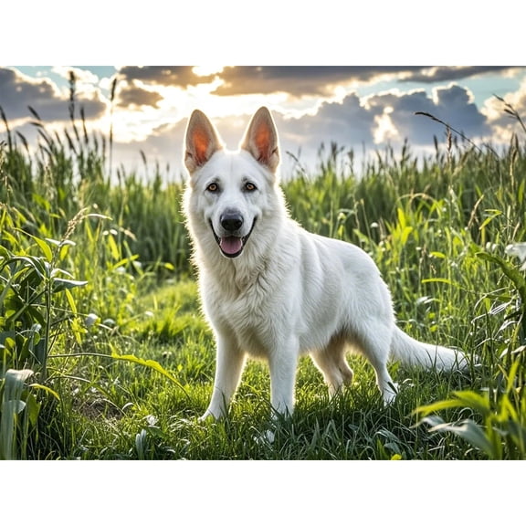 5D Diamond Art White German Shepherd Grassland Diamond Painting DIY Kits Full Round Drill Rhinestone Crystal by Number Stitch Embroidery Arts Crafts for Living Room Bedroom Home Wall Decor 12x16 inch