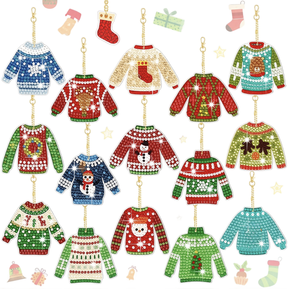 5D Diamond Painting Keychain Kit with Full Drill Rhinestone Ugly Sweater Designs, 16-Pack Christmas Themed Set for Holiday Party Favors and Stocking Stuffers, Diy Craft Decoration