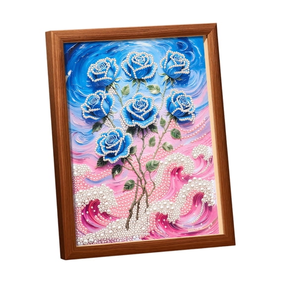 5D Diamond Painting Kit for Adults Blue Rose, DIY Crystal Art with Special Shape Pearls, Home Wall Decor Gift for Beginners, Framed Wood Canvas 12x16 Inch
