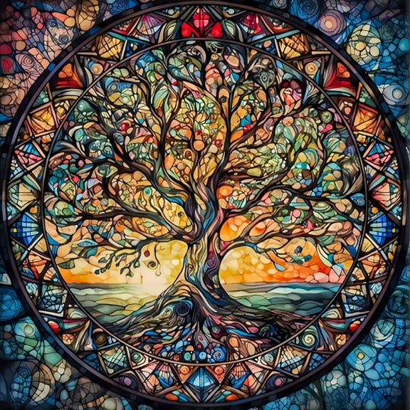 5D Diamond Painting Kit for Adults, Stained Glass Style Tree of Life, Full Drill DIY Diamond Art Craft, Home Wall Decor, Great Gift for Nature, Spiritual and Mandala Lovers