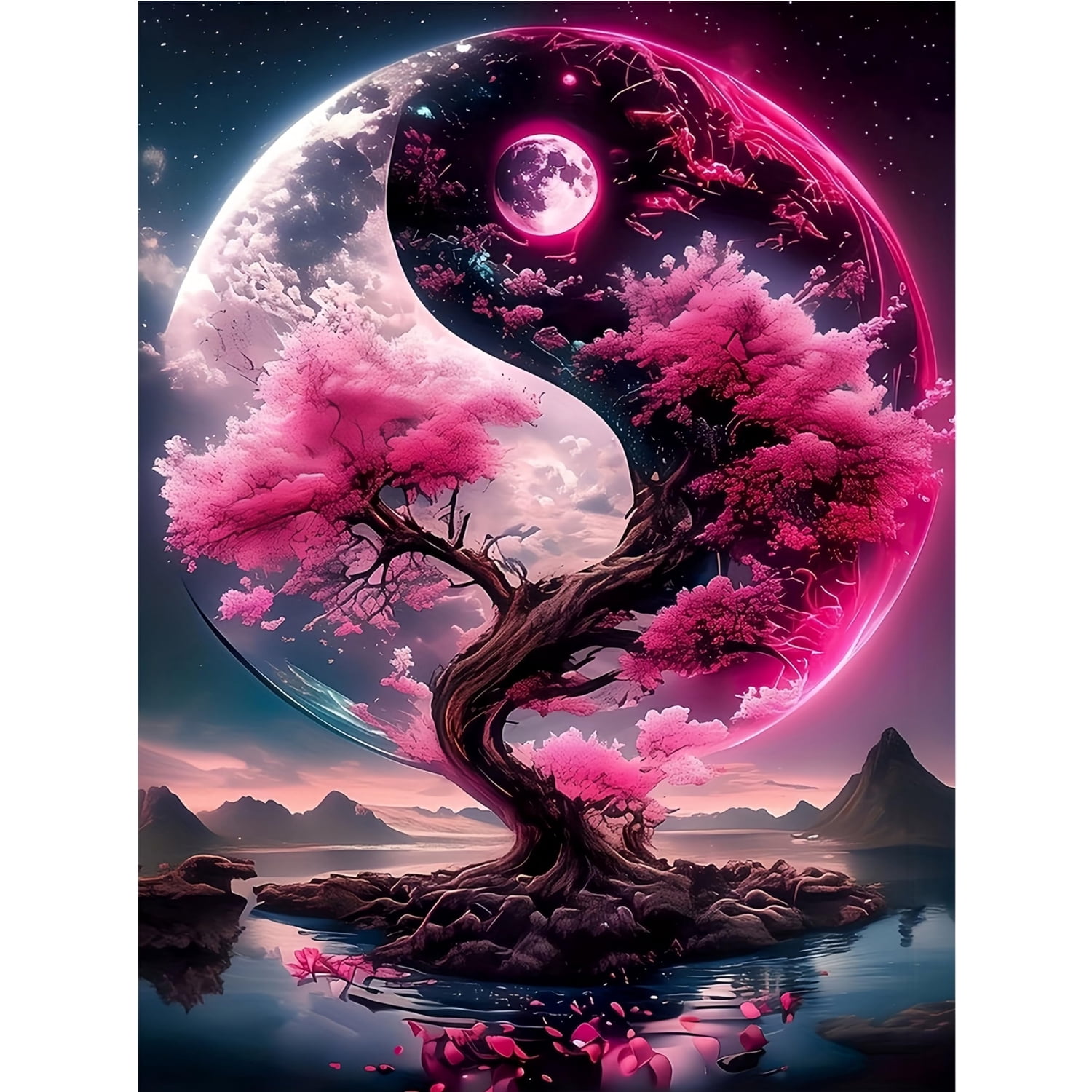 5D Diamond Painting Kit for Adults, Yin Yang Symbol Pink Cherry