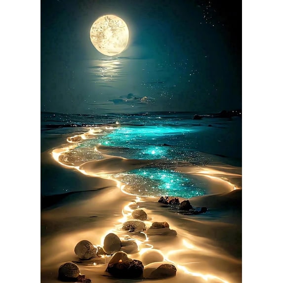 5D Diamond Painting Kit - Moonlit Beach with Glowing Waves, Full Drill ...