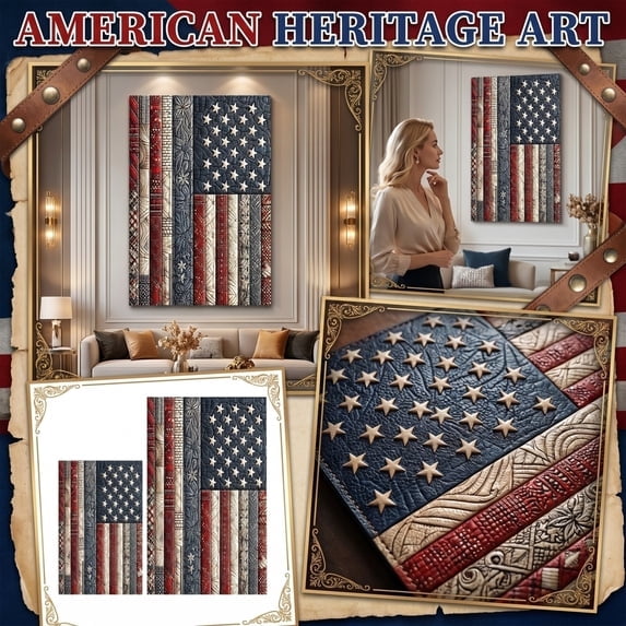 5D Diamond Painting Kit: Patriotic themed full drill crystal rhinestone painting with classic USA flag quilt elements. Comes with supporting crafting tools for effortless DIY production,