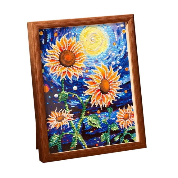 5D Diamond Painting Kit for Adults Beginners, Sunflowers Under Starry Night DIY Art Craft with Special Pearls, Home Wall Decor Gift Wood Frame