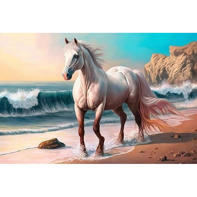 5D Diamond Painting Kit for Adults Horses on The Beach Painting Art Paint  by Number Full Diamond Round Craft Canvas for Home Wall Decor 12x12 Inch 