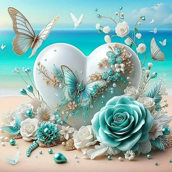 5D Diamond Painting Kits for Adults Beginners, Flowers Heart Diamond Art, DIY Full Round Drill Diamond Dot Gem Art, Butterfly Paintings by Diamond Home Wall Decor 13.78x13.78 Inch