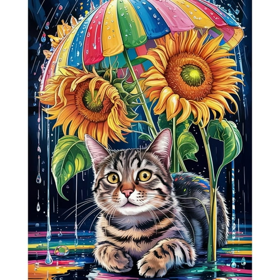 5D Diamond Painting Kits for Adults kids Beginners Paint By Diamond Set  Round Full Drill Craft Diamond Art Painting Art Craft Painting Kit-Sunflowers and cats in the rain