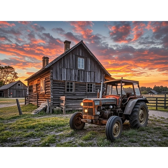 5D Diamond Painting Kits for Beginners,Wooden house sunset tractor scenery Diamond Art Kit,DIY Full Round Drill Diamond Dot Gem Art Kits ,Home Wall Decor (12X16 Inch)