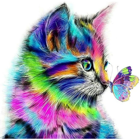 5D Diamond Painting Kits, DIY Diamond Painting Cross Stitch Full Drill Crystal Rhinestone Painting Embroidery Paintings Pictures for Home Wall Decor 30x30cm Colorful Cat Butterfly